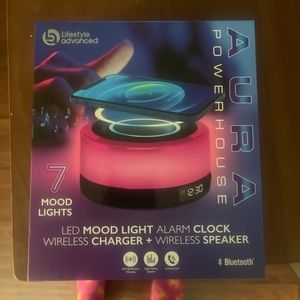 LED AURA Powerhouse Mood light,alarm clock, wireless charger,and speaker